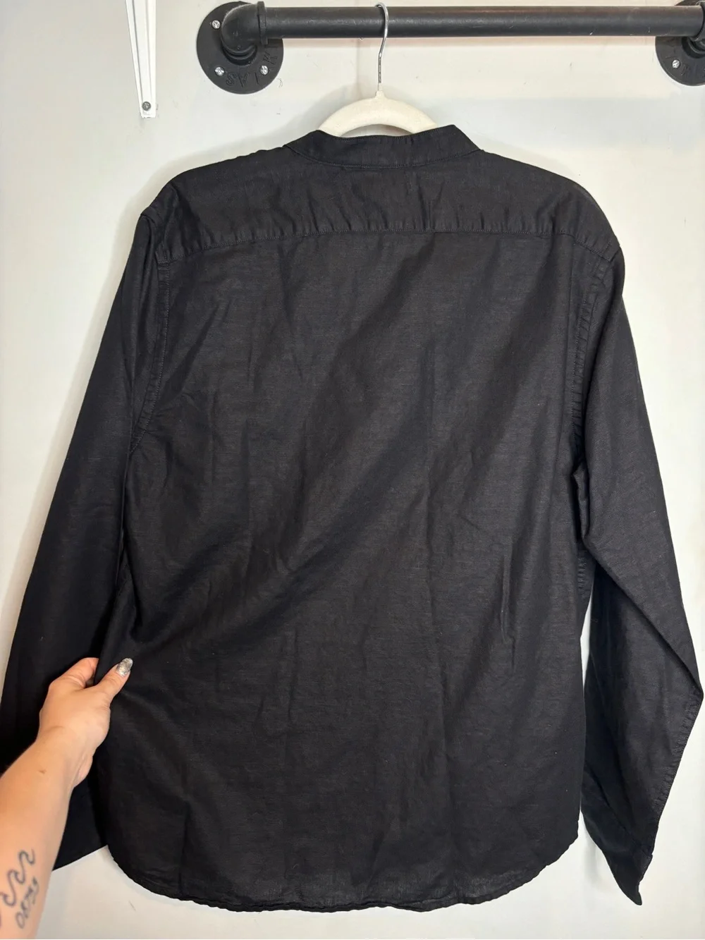 Banana Republic Slim-Fit Linen-Blend Banded Collar Shirt M Black